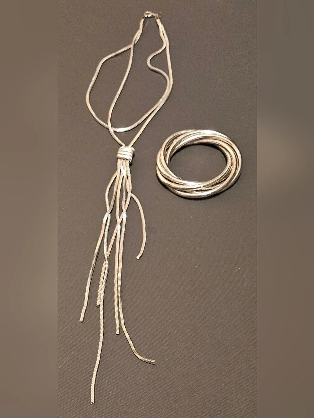 Silver Tassel Pendant Necklace with Matching Stackable Snake Bangle Set