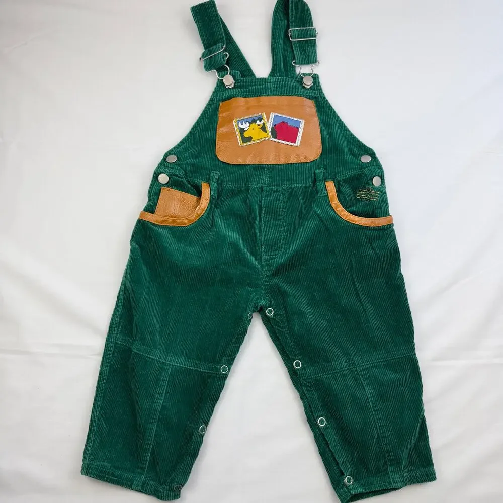 Vintage 90s Green Corduroy Overalls 18M‎ Farm Animal Cottagecore Snap Romper