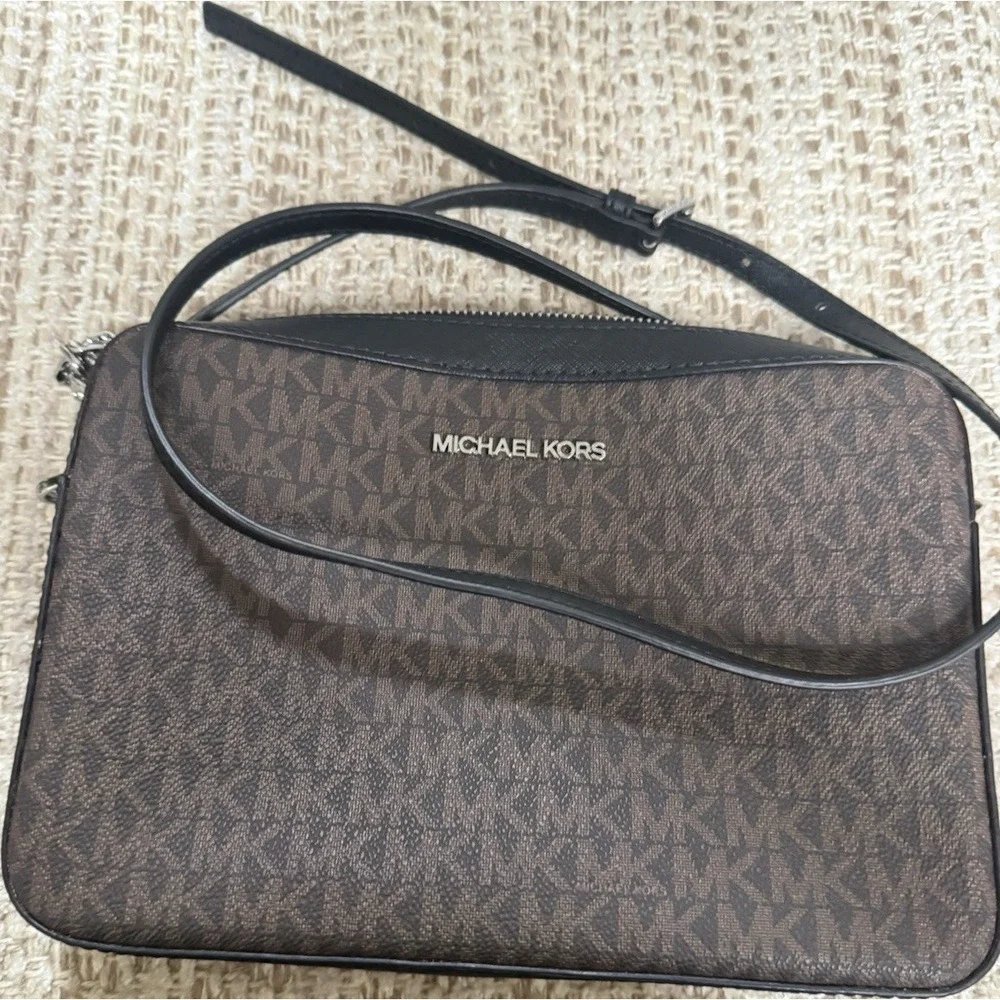 Michael Kors Brown Logo Crossbody Bag Zip, Chain Strap, Adjustable, Silver