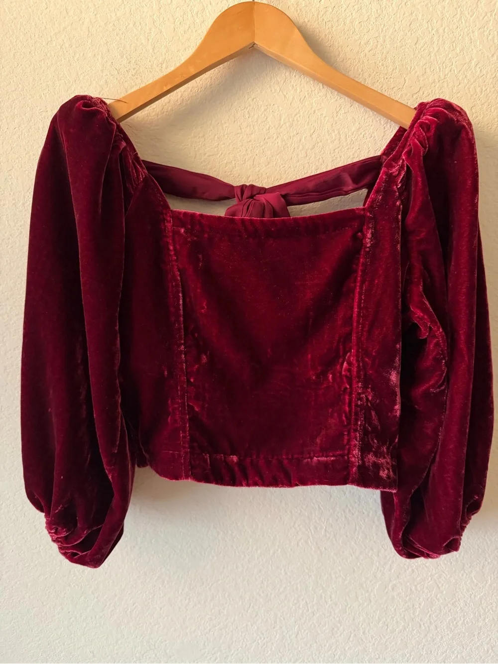 Free People Velvet Crop Top Burgundy Puff Sleeve Open Back Tie Women’s Small