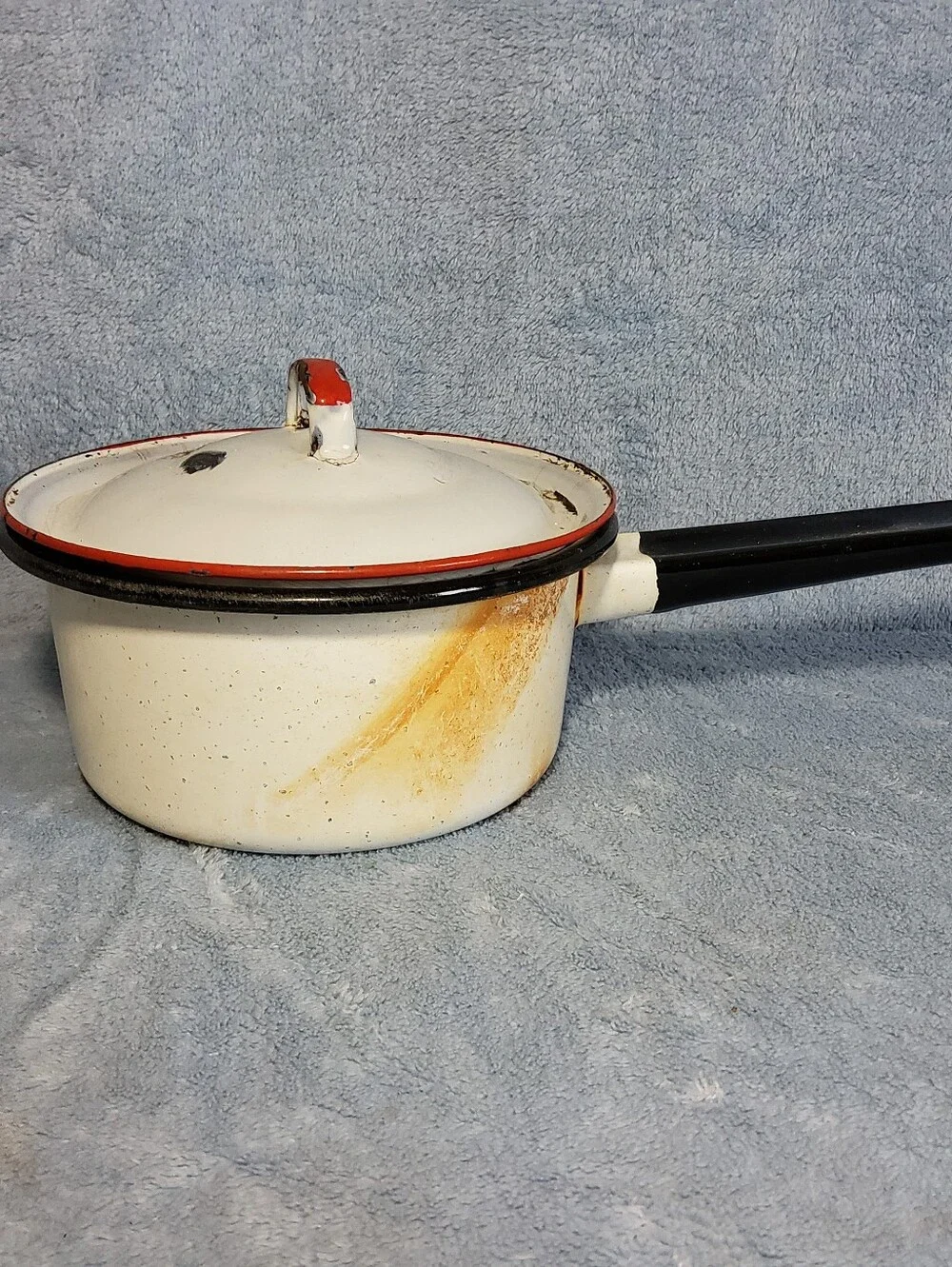 Vintage Enamelware Saucepan Pot With Lid White Black Red Trim Farmhouse Decor