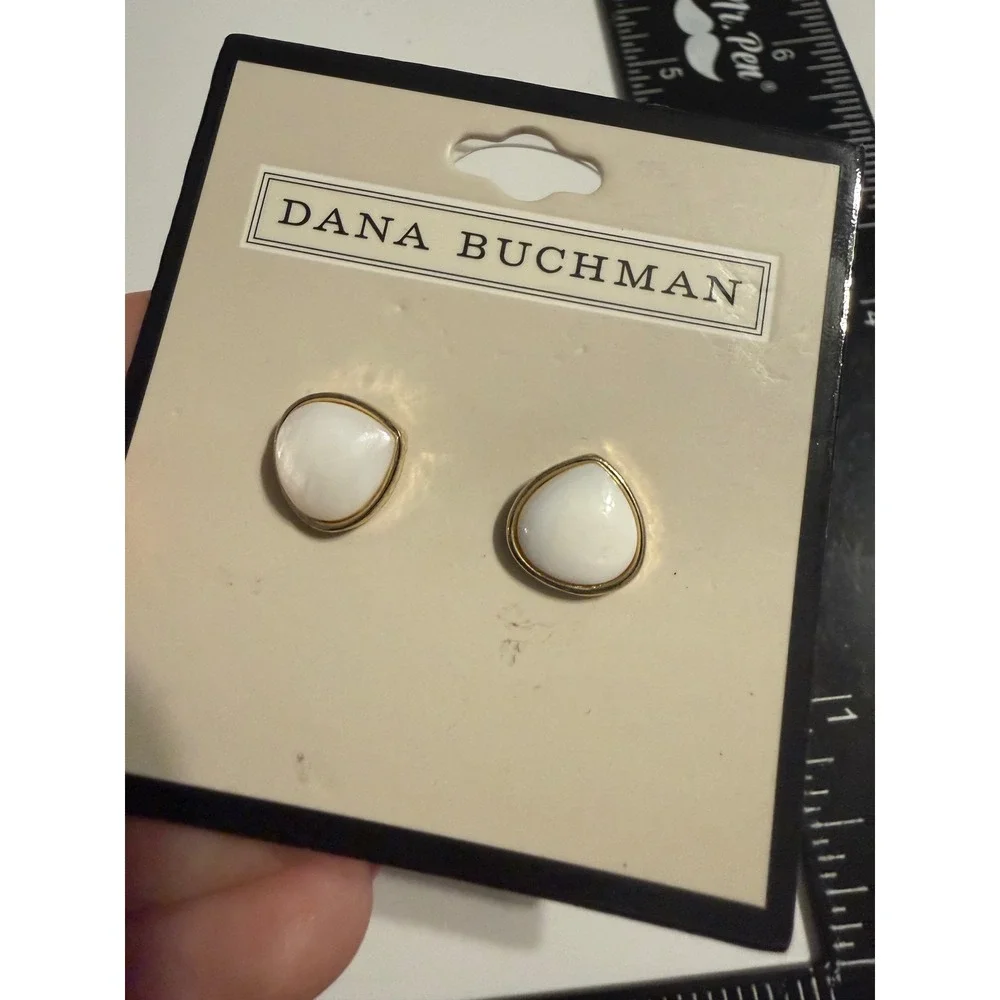 Dana Buchman White Cabochon Gold Tone Stud Earrings Minimalist Modern Post Back