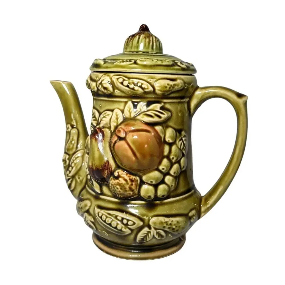 Vintage Ceramic Olive Green Teapot Fruit Veggies Decor Made in Japan‎