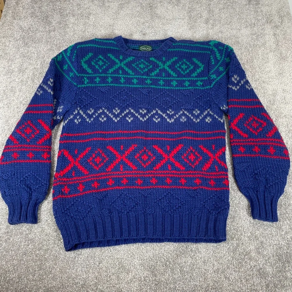 Vintage‎ IZOD Sweater Mens Large Wool Ski Chunky Knit Grandpa Geometric 80s 90s