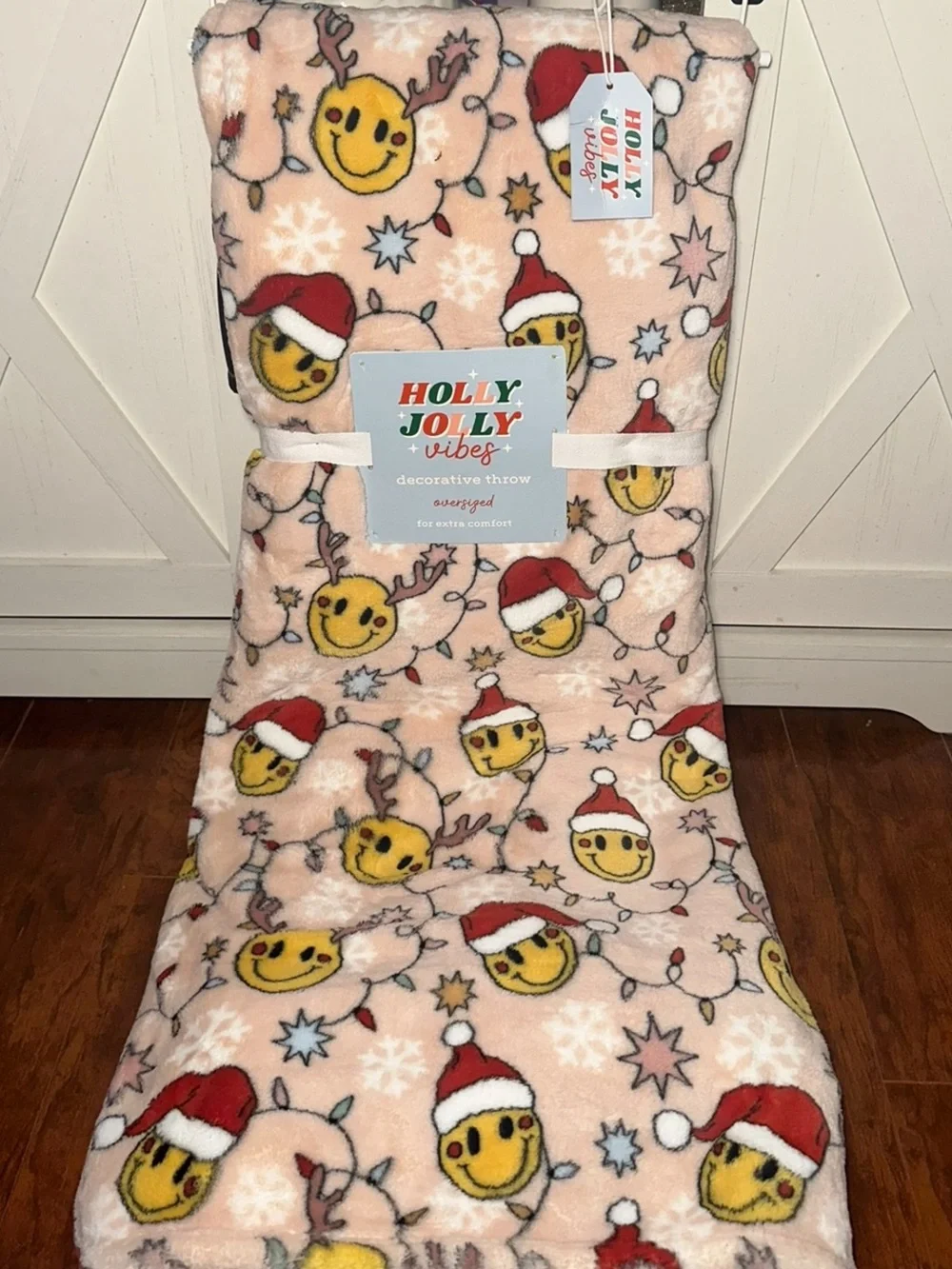 Holly Jolly Smiley Face Santa & Reindeer Plush Throw Blanket