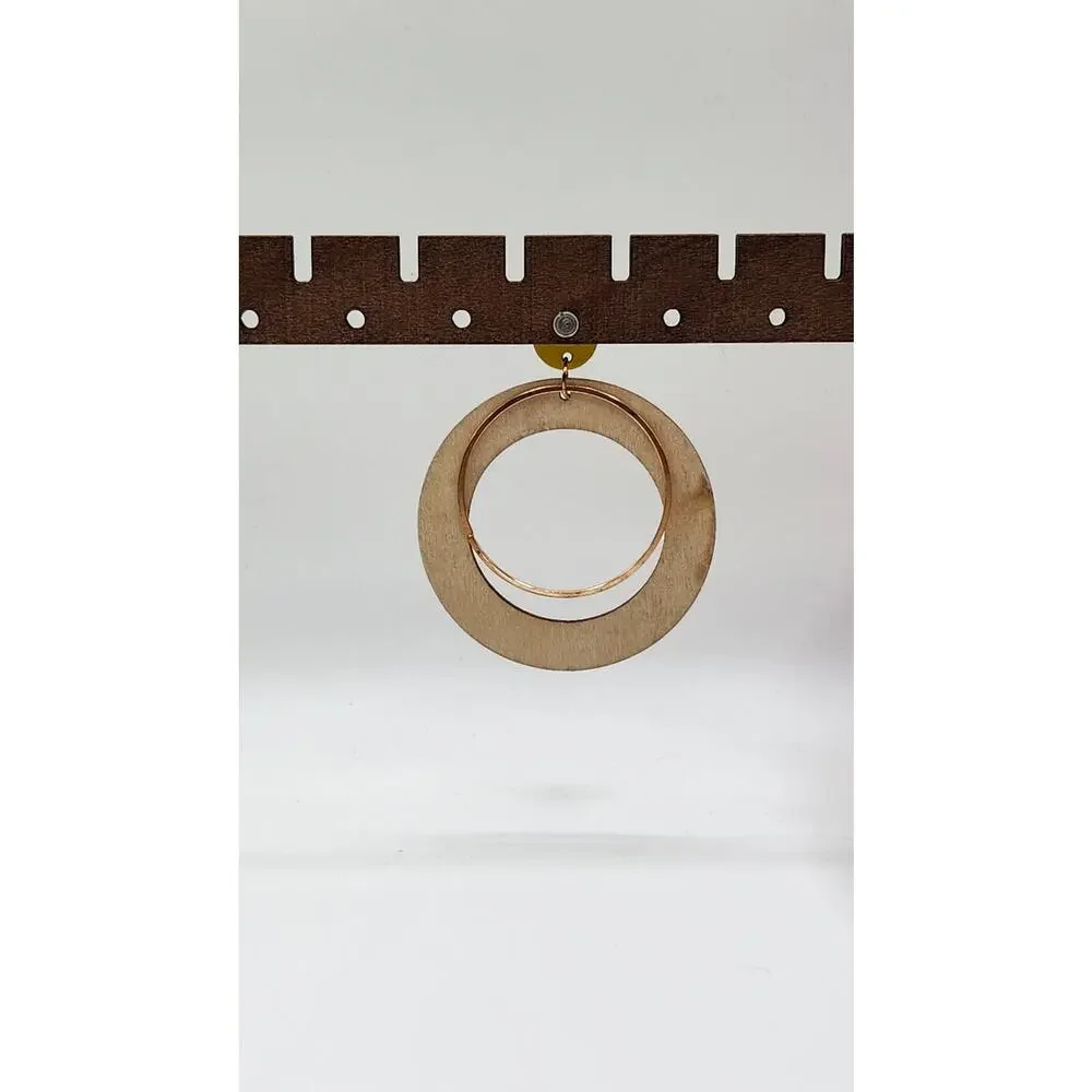 Boho Round Open Hoop Geometric Pattern Mixed Media Wood Statement Earrings