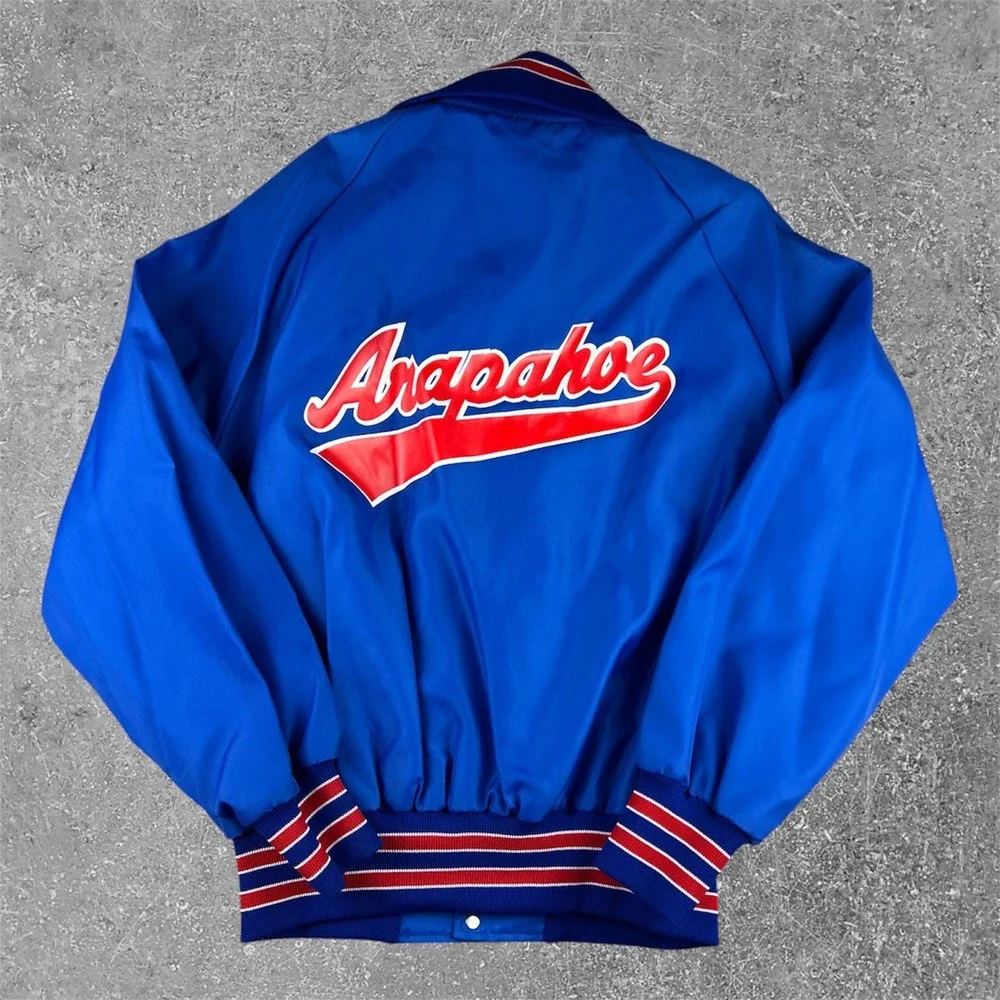Holloway Varsity Jacket Mens Large‎ Blue Arapahoe Satin Bomber Vintage USA Made