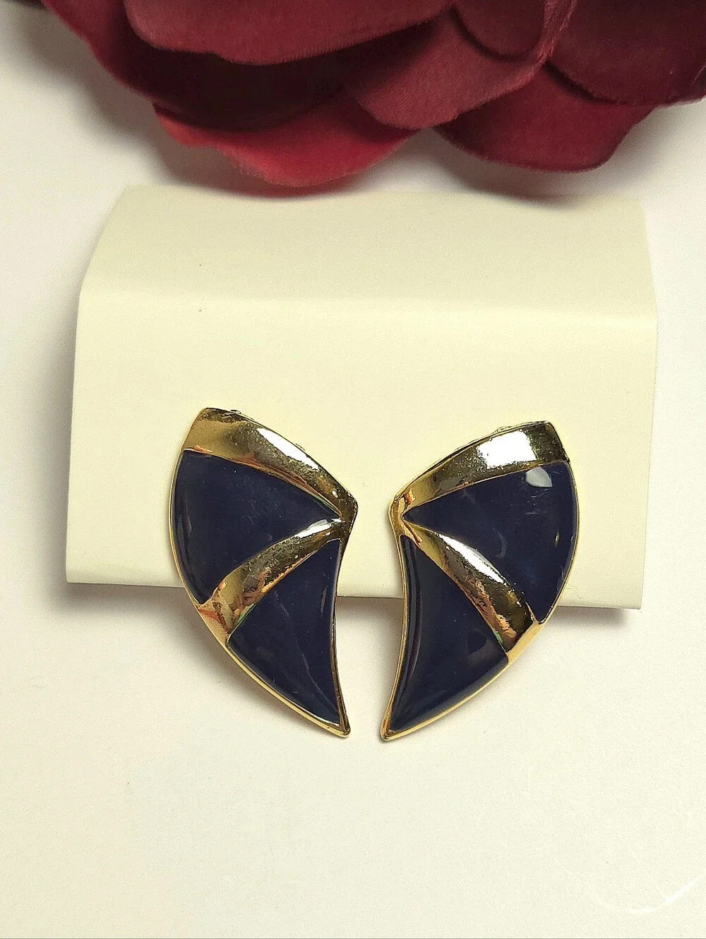 Vintage Monet Gold & Navy Blue Enamel Geometric Earrings Clip on Earrings Signed