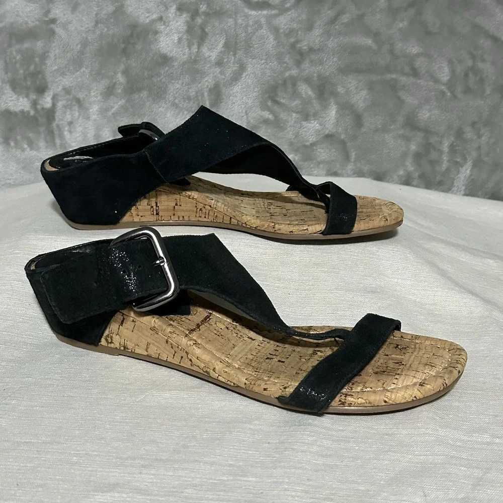 Donald Pliner Donni Metallic Leather Cork Thong Wedge Sandals Womens‎ 7.5M Black