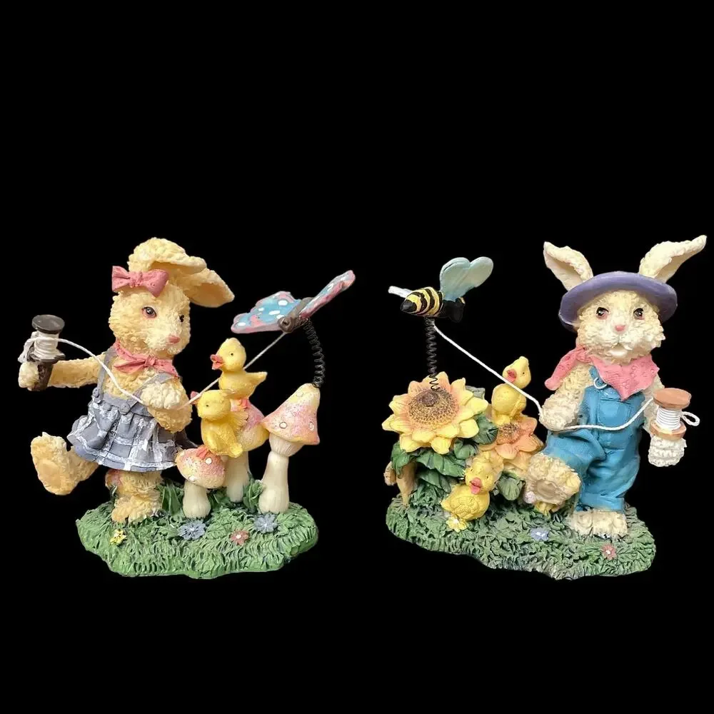 Resin Bunny Rabbit Pair with Bumblebee & Butterfly on Spring Vintage Decor