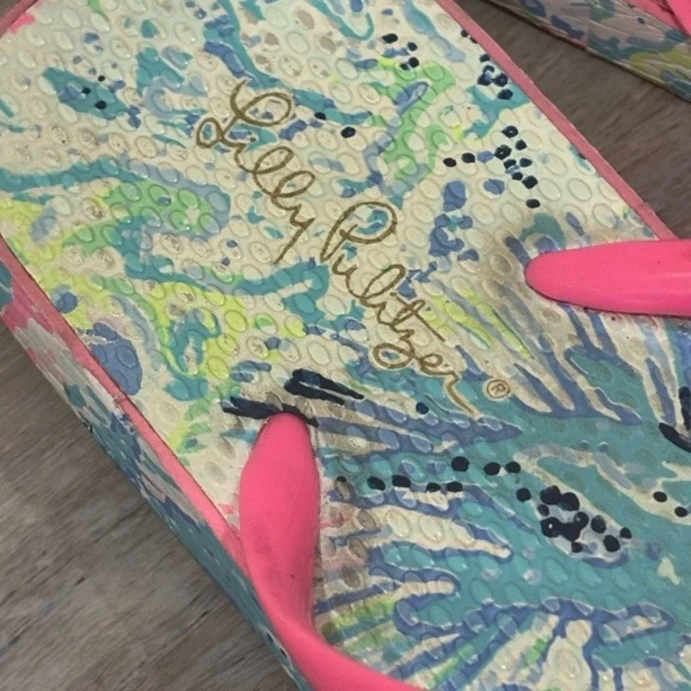 Lilly Pulitzer Pink Tropical Print Flip Flop Sandals Beach Shoes Womens