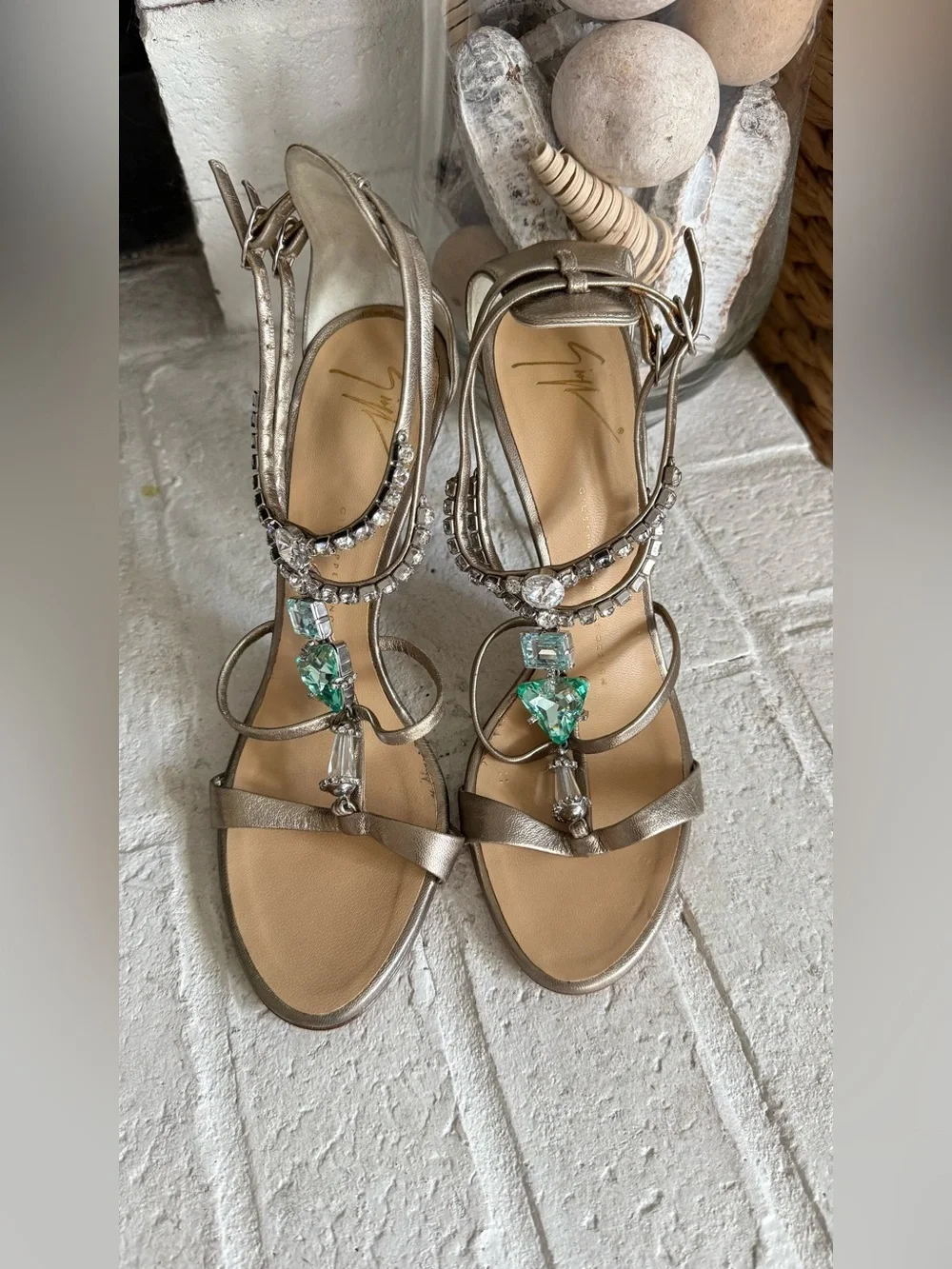 Giuseppe Zanotti Jewel Crystal Sandals Champagne Leather Heels EU 37