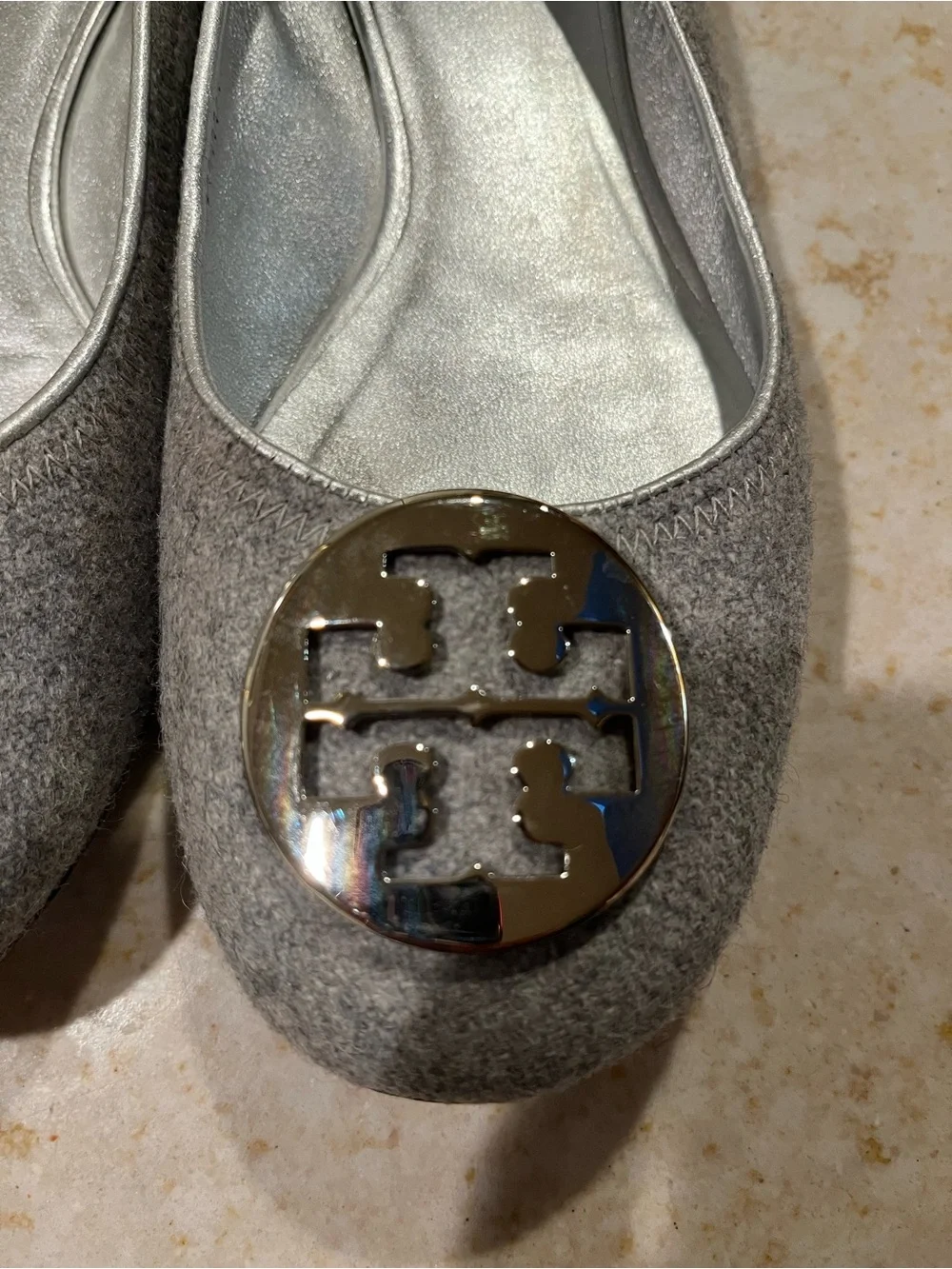 Tory Burch Light Gray Logo Ballet Flats