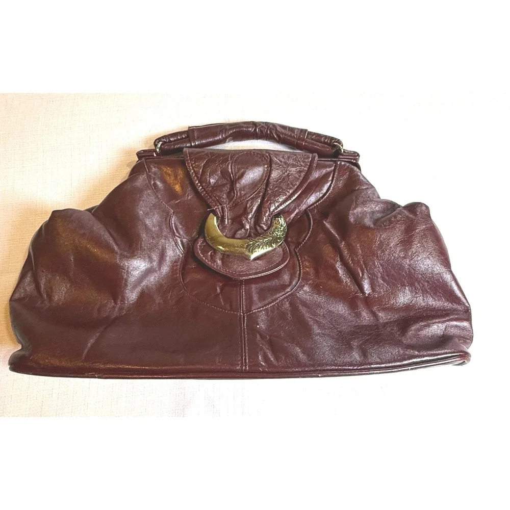 Vintage Burgundy Leather Handbag Top Handle Purse Gold‎ Tone Clasp