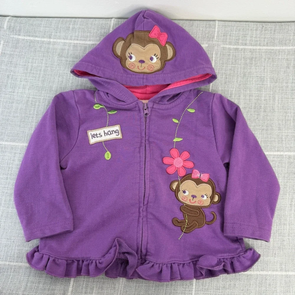 Y2K WeePlay 12 Months Purple‎ Full Zip Hoodie Monkey Flowers Pink 