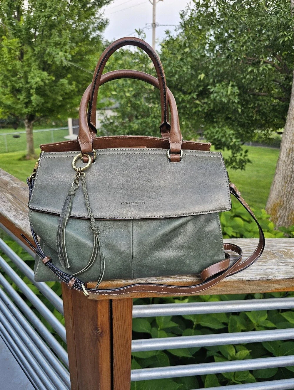 Tignanello Olive Green Leather Satchel with Brown Handles