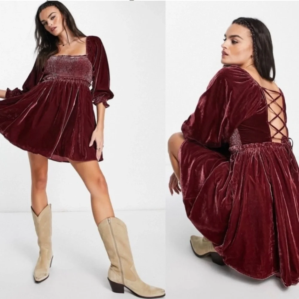 Free People Women’s Daphne Boho Velvet Mini Dress in Roan Rouge Sz Small Fall