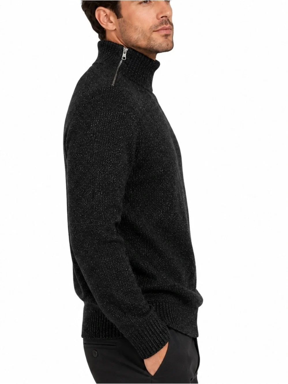 Banana Republic Men’s Mock Neck Zip Shoulder Knit Sweater Black Gray Size Large