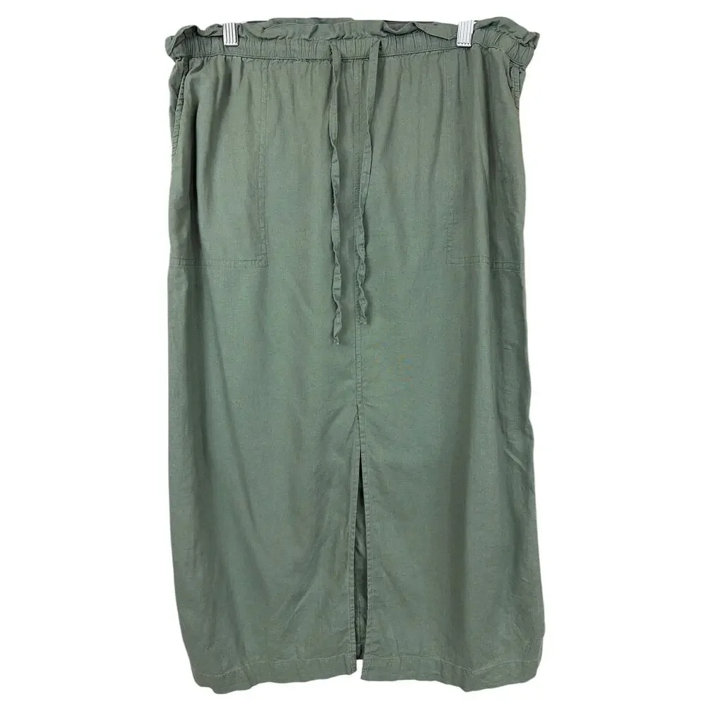 Caslon Green Linen Blend Front Slit Drawstring Waist Skirt Size S
