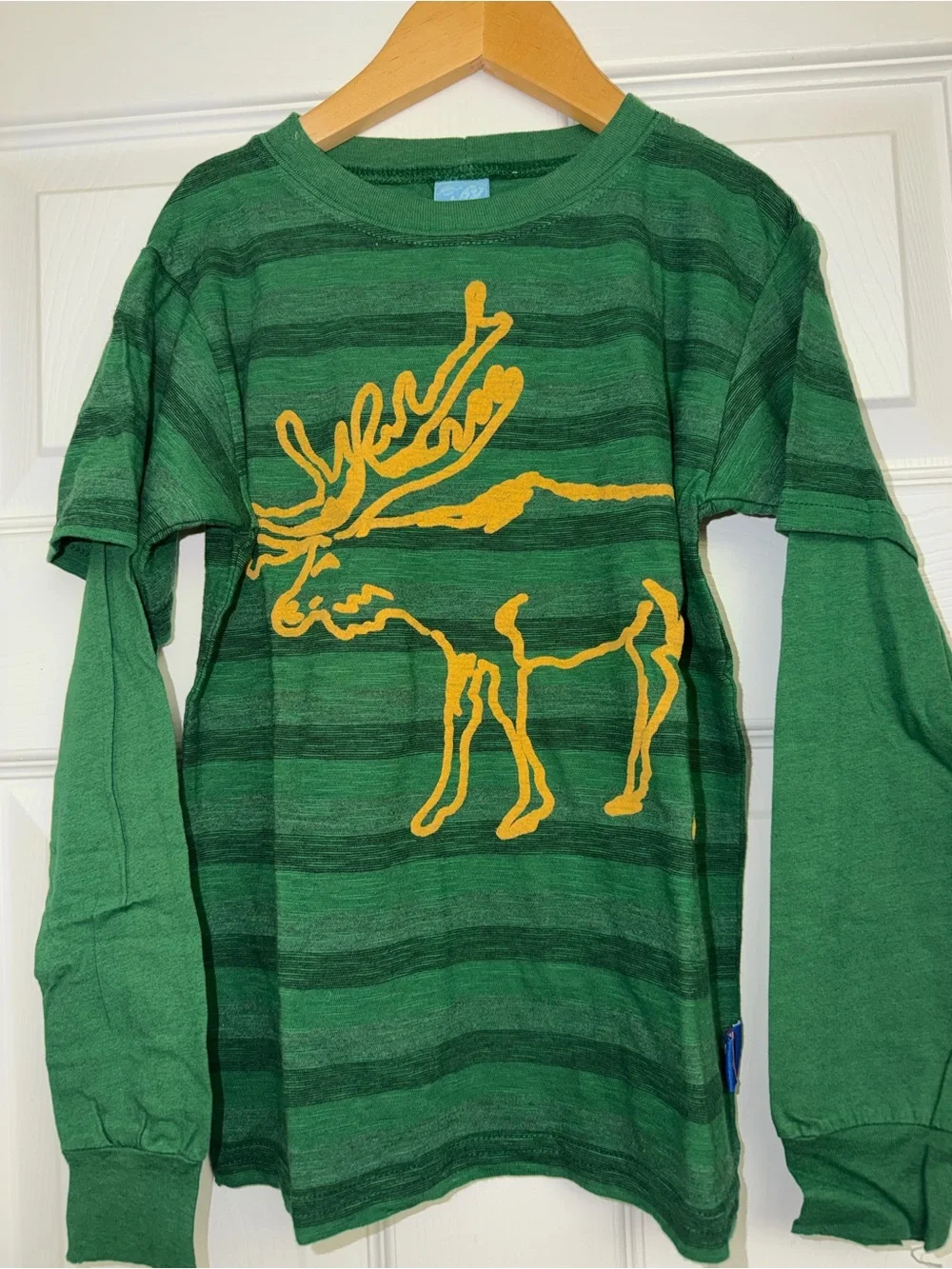 Charlie Rocket Green Striped Tee with Mustard Yellow Graphic