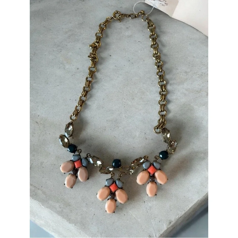 Gold-tone Floral Cluster Necklace with‎ Peach, Coral & Navy Accents