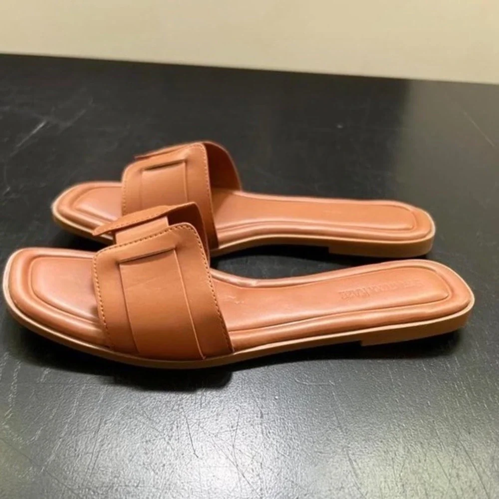 Stratuxx Kaze Slide Sandals Tan‎ Square Toe Woven Strap Flat 10