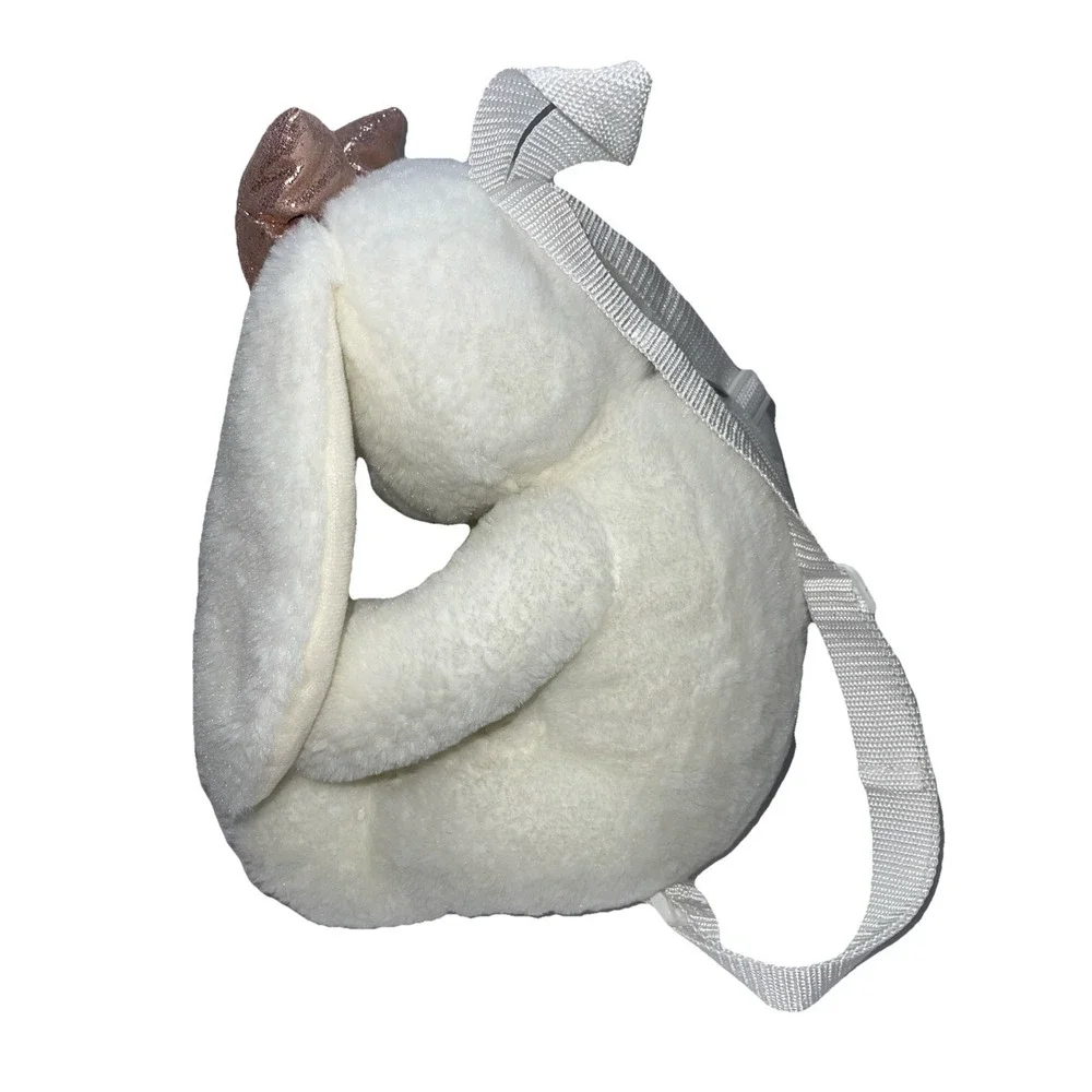 Plush White Bunny Rabbit Backpack Embroidered Face Mauve Pink Glitter Bow & Feet