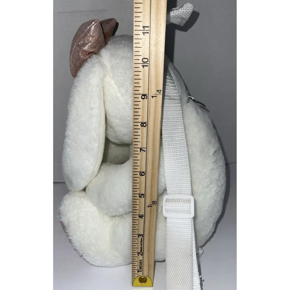 Plush White Bunny Rabbit Backpack Embroidered Face Mauve Pink Glitter Bow & Feet