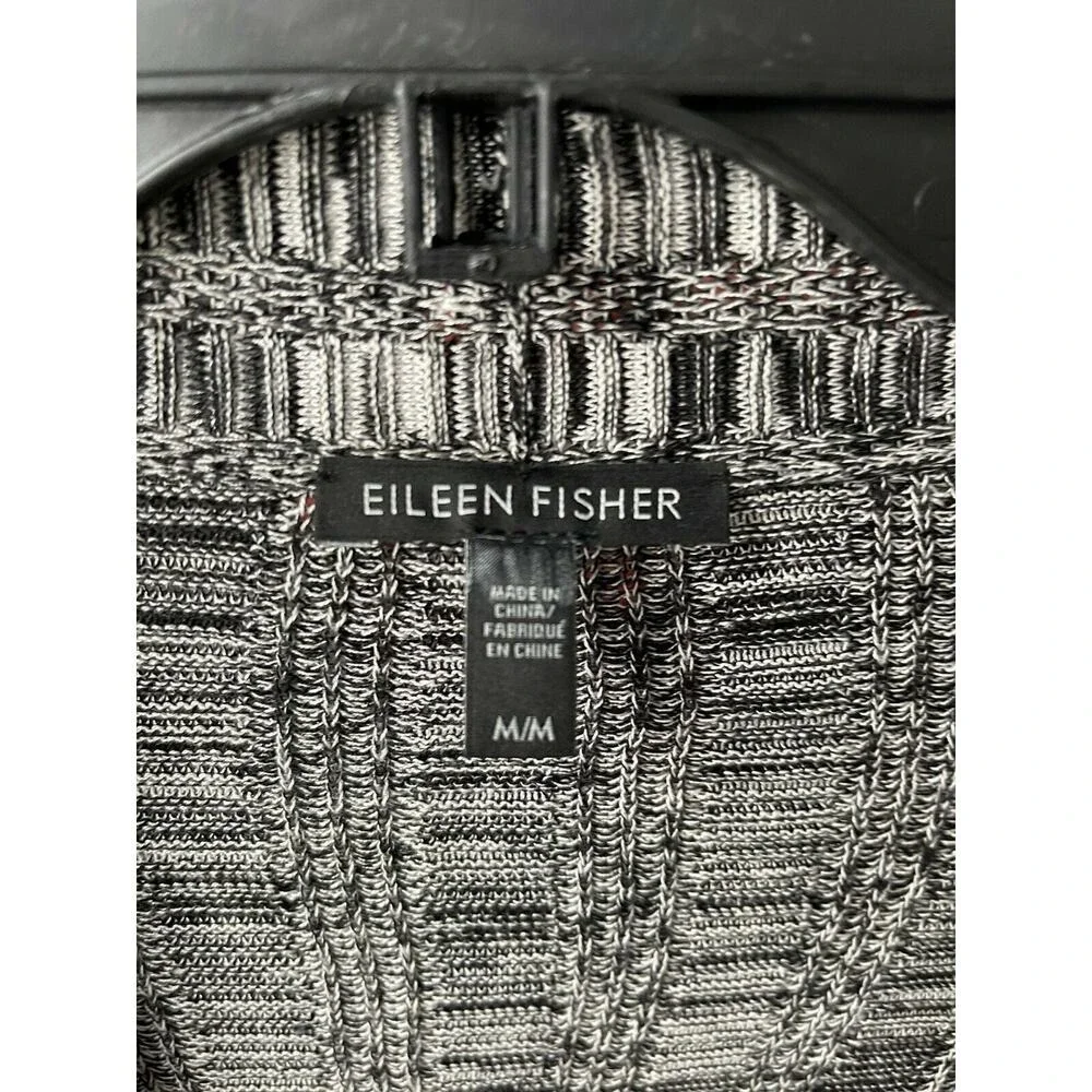 Eileen Fisher Black White Silk Linen Open Front Cardigan Sweater Size Medium