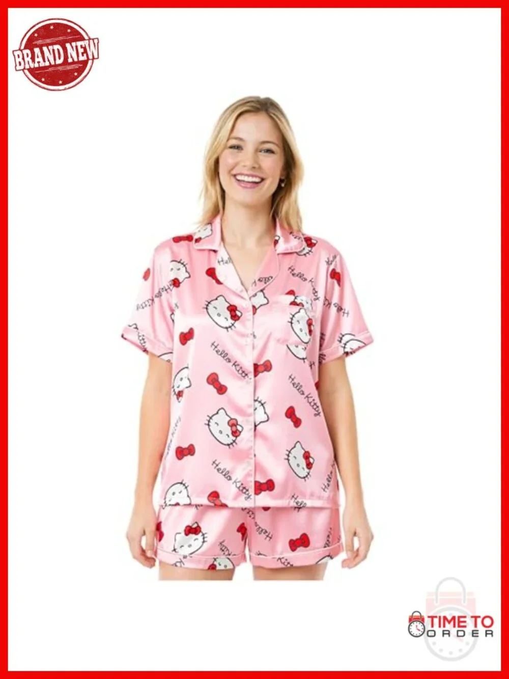 2 Piece Women's Pajama Set with Button-Down Shirt and Shorts, Kawaii Lounge Set