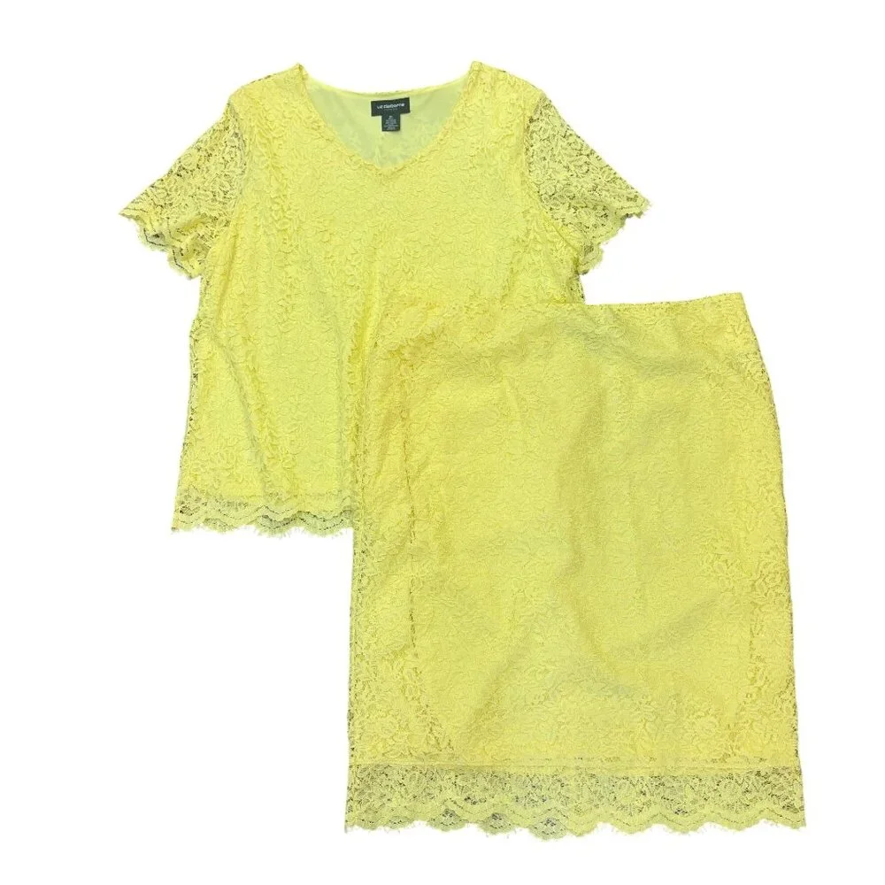 Liz Claiborne 2Pc Butter Yellow Lace‎ Top & Skirt XL Stretch Career Spring