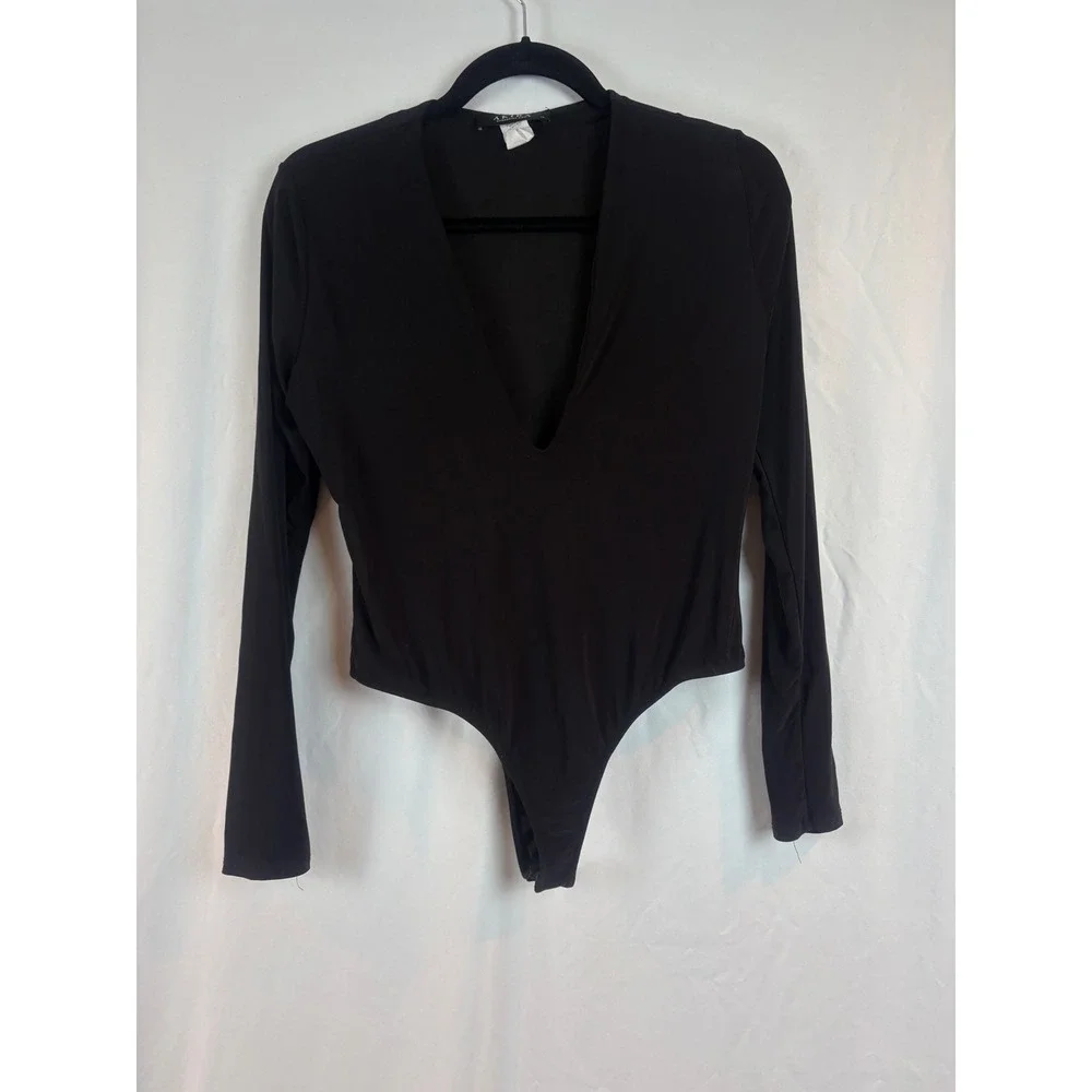 Akira Womens Deep V Neck Long Sleeve Thong‎ Bodysuit Black XL