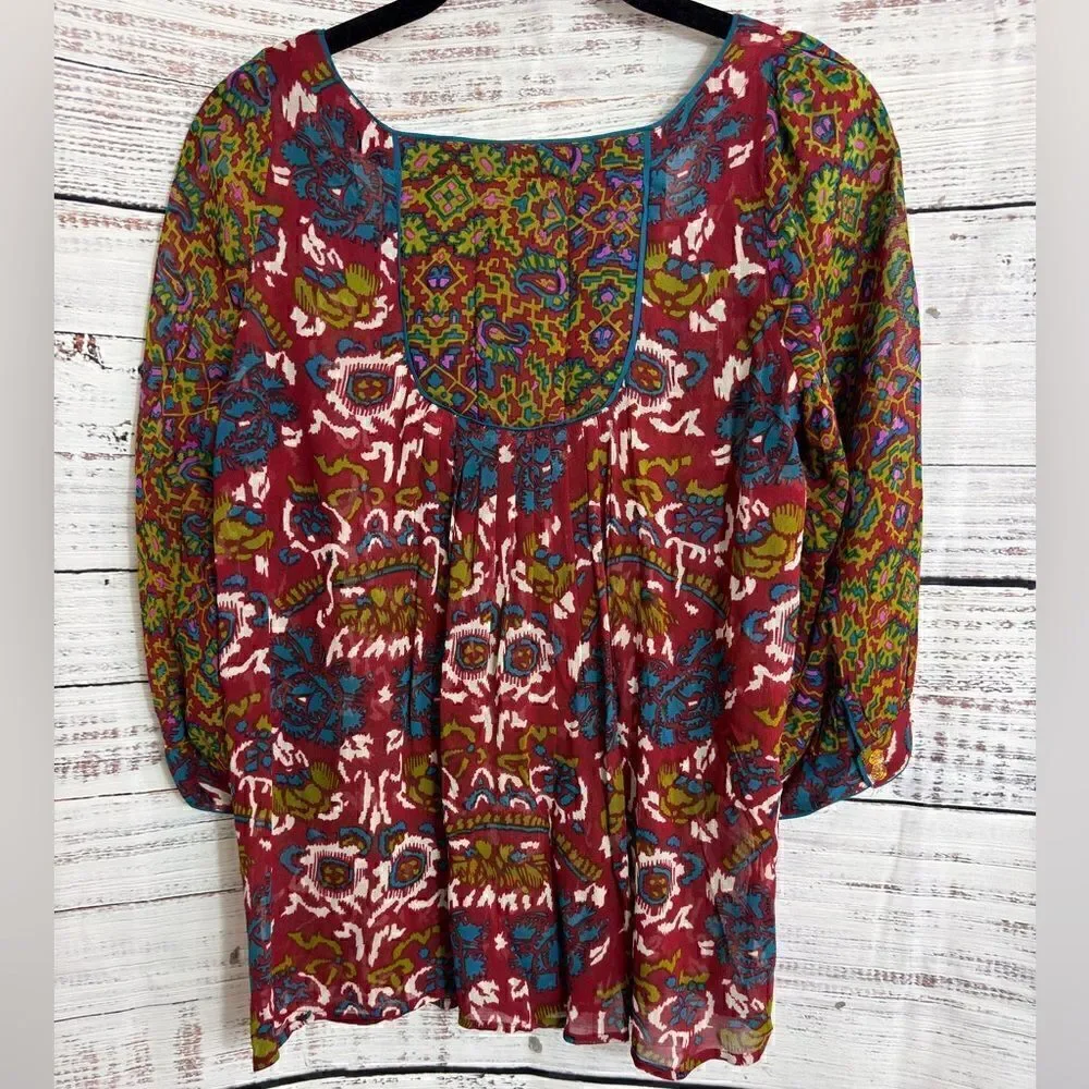 Viola Top Womens size Large chiffon Paisley boho button‎ up Sheer scoop Neck