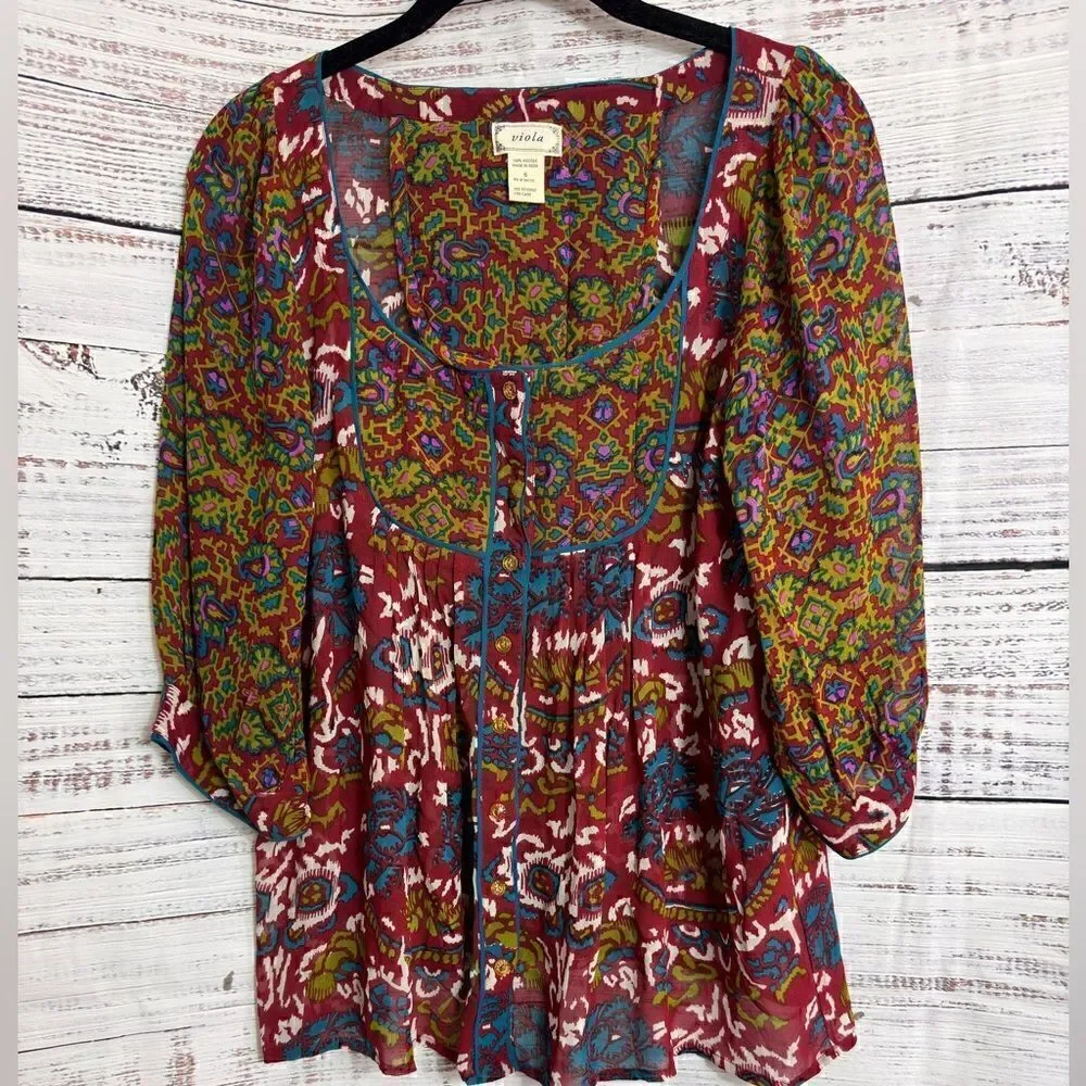 Viola Top Womens size Large chiffon Paisley boho button‎ up Sheer scoop Neck