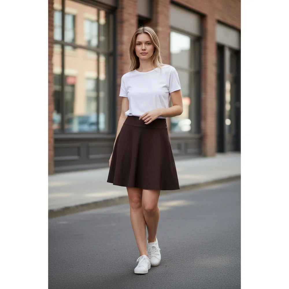 Chaps Brown A Line Skirt Women Size 10 Knee‎ Length Side Button Detail