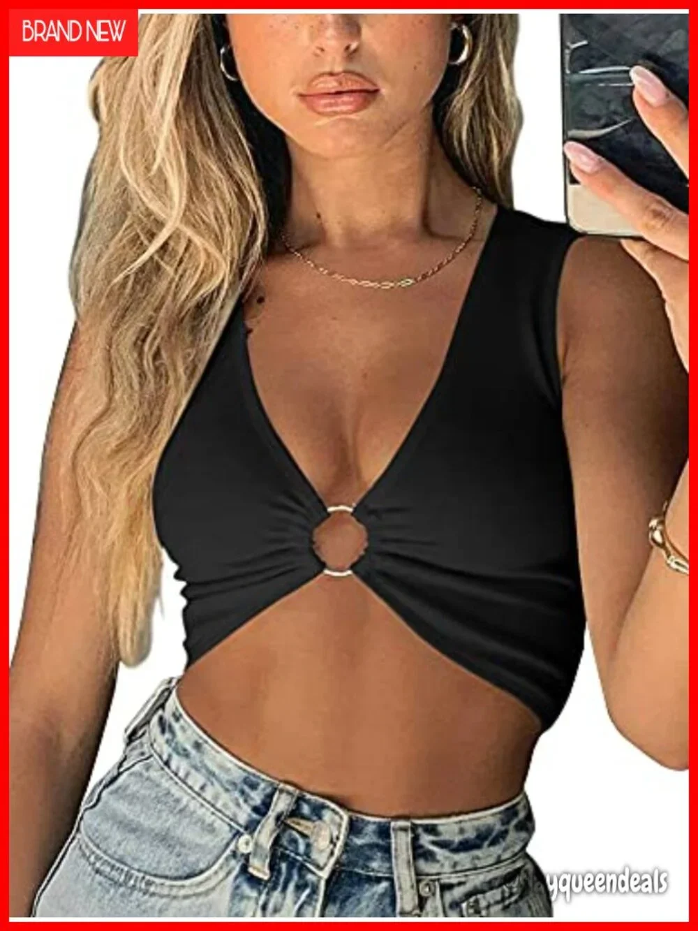 Sleeveless Deep V Neck Crop Top with Silver Ring - Y2K Clubwear