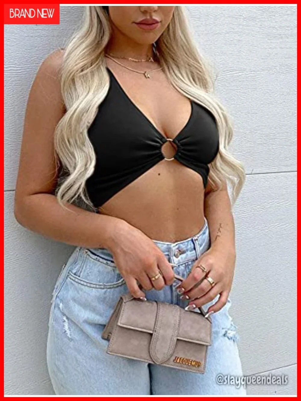 Sleeveless Deep V Neck Crop Top with Silver Ring - Y2K Clubwear