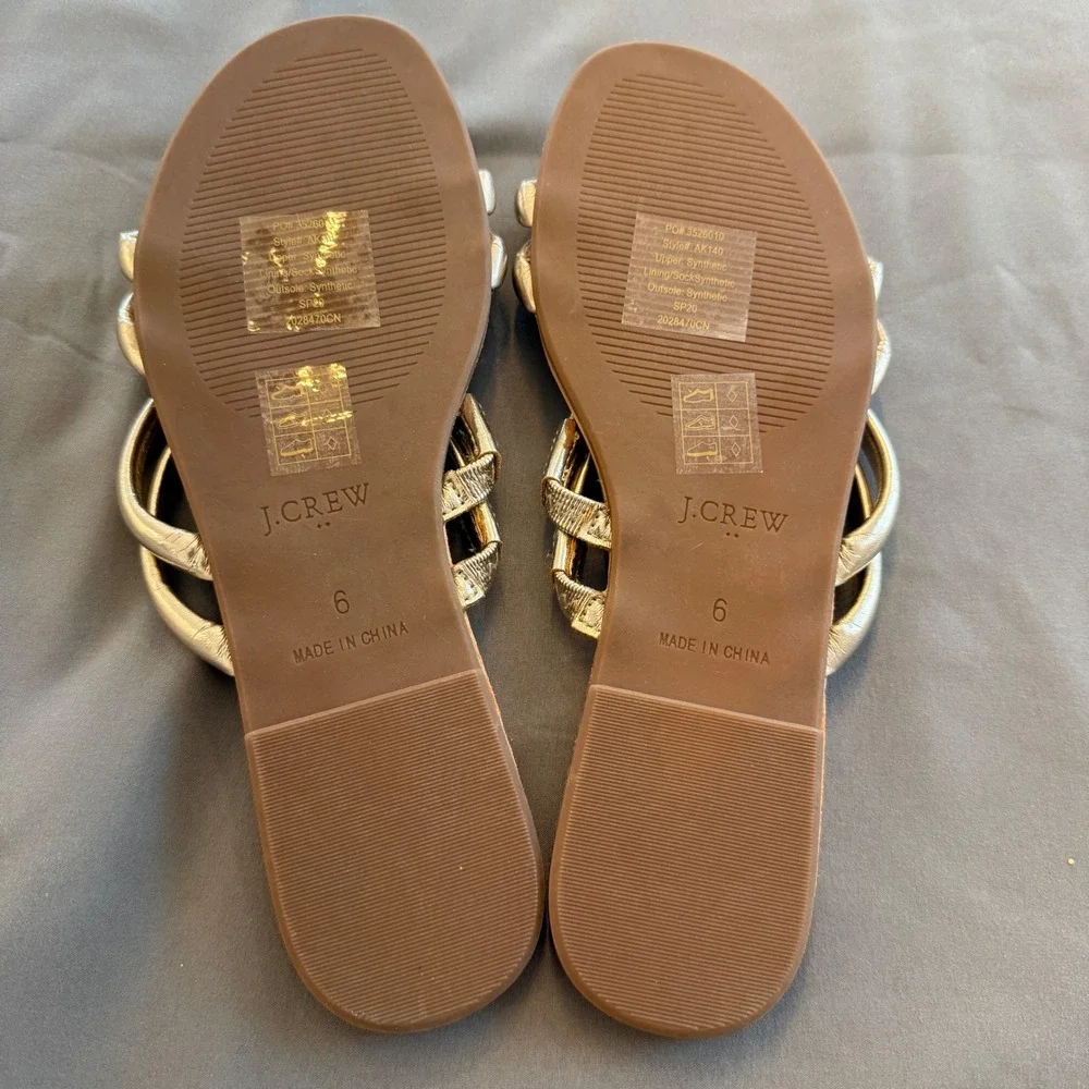 J.Crew Womens Gold Metallic Multi-Strap Slide Sandals Size 6‎ Flat Tan Footbed