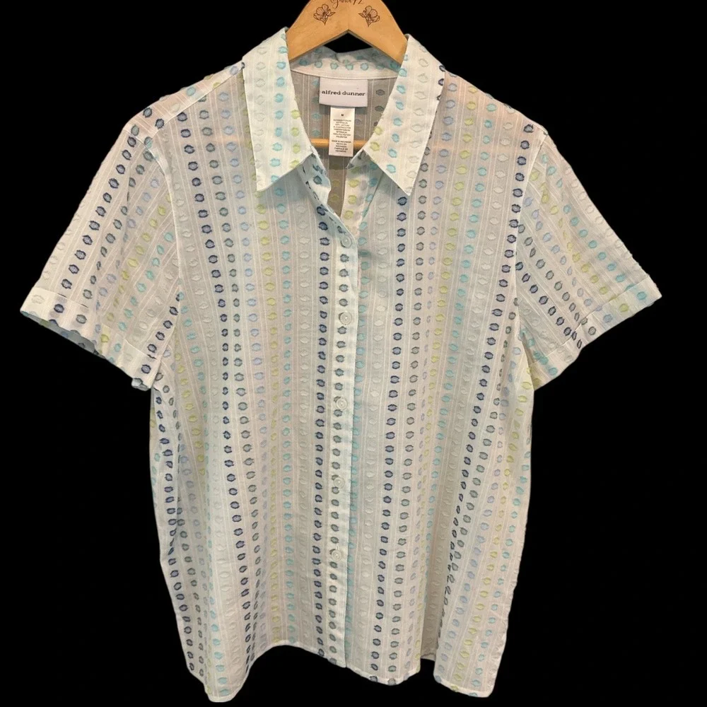 NWT Alfred Dunner Short Sleeve Button Up Shirt Polka Dot Sz M Grandmacore Breezy