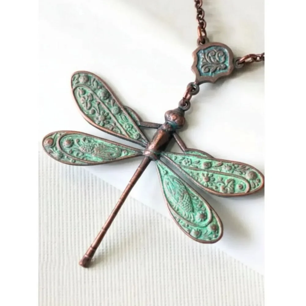 NWT Dragonfly Necklace Aged Copper Verdigris Patina