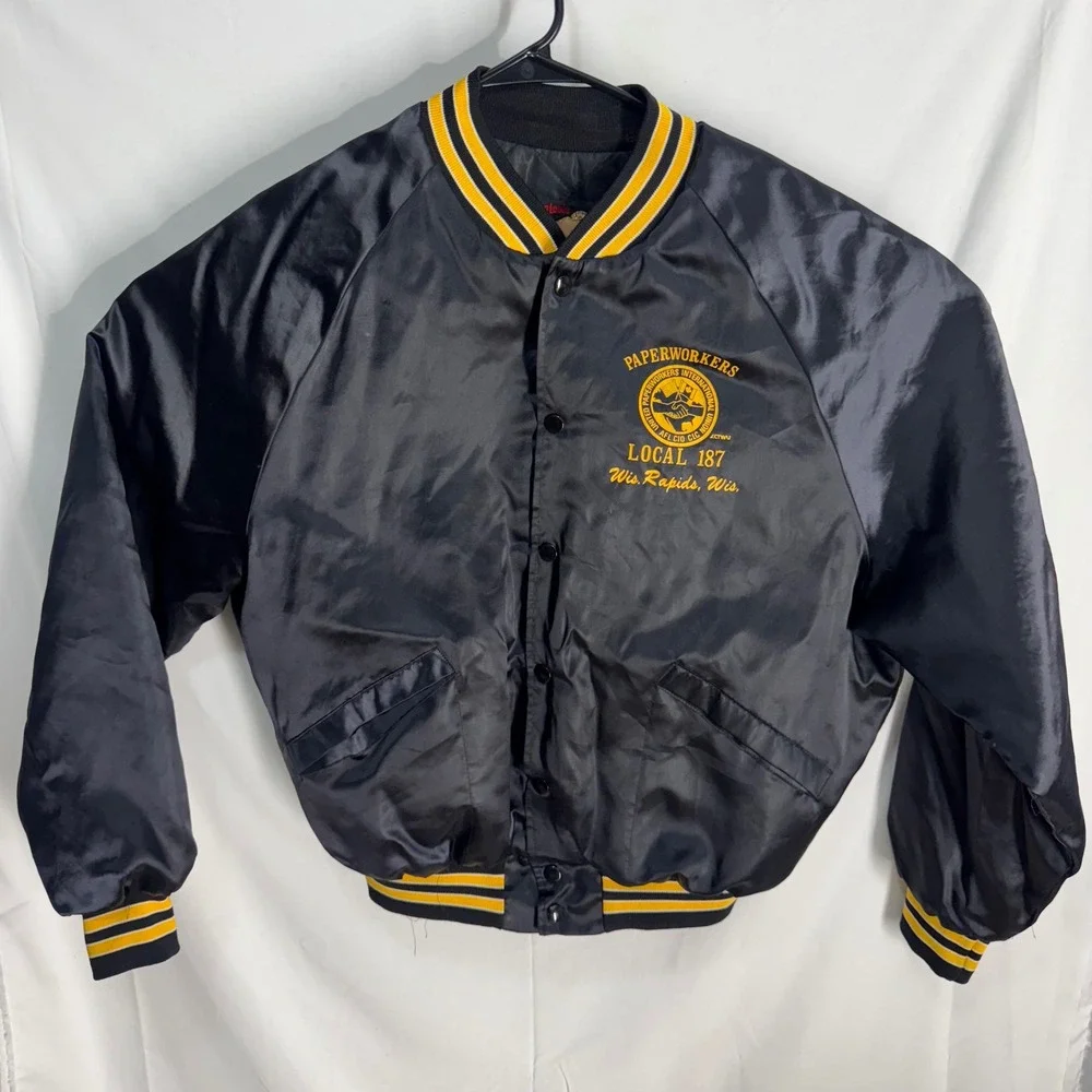 King‎ Louie Pro Fit Bomber Jacket Men L Black Paperworkers Union Satin Vintage