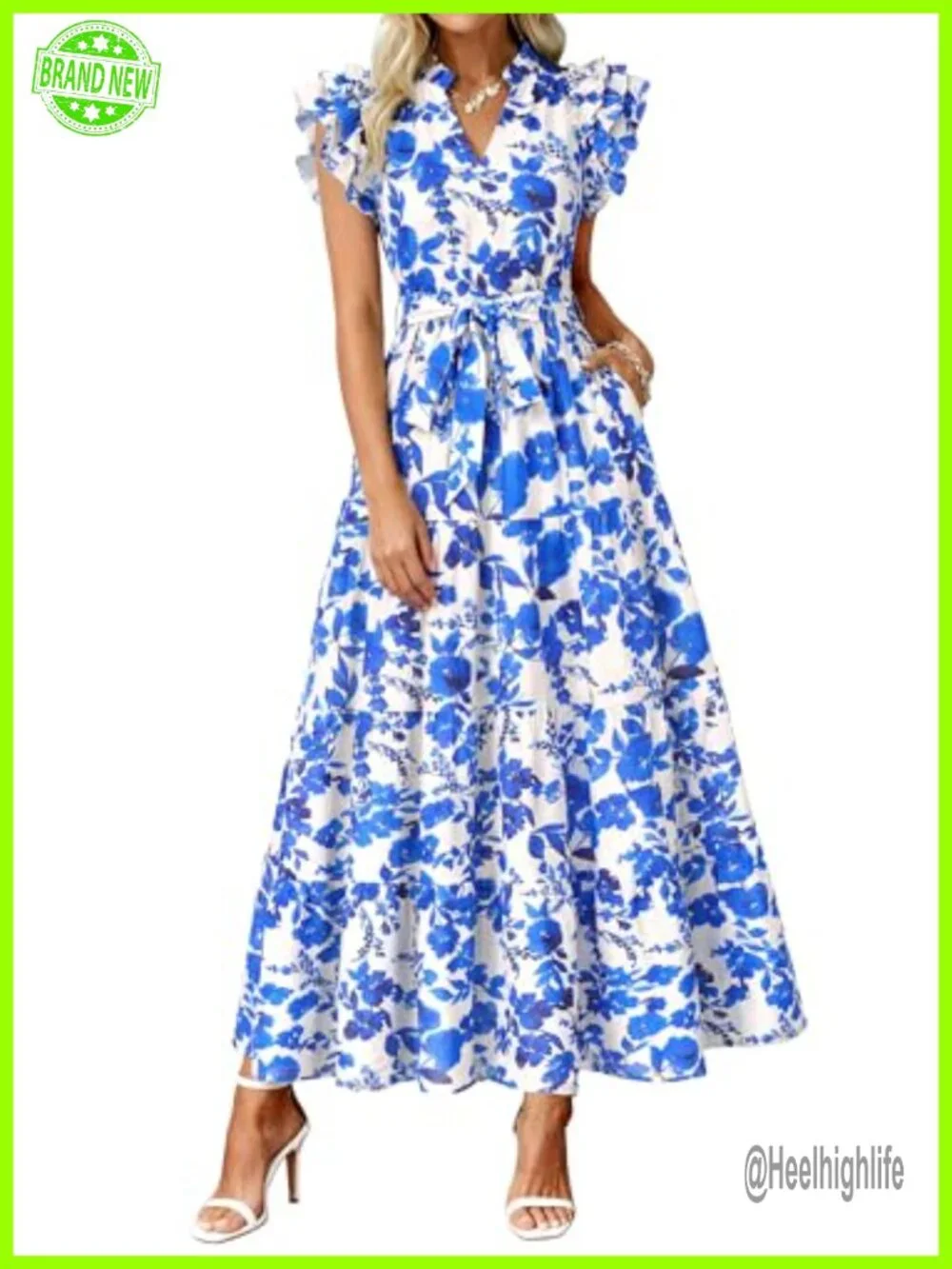 Women's Maxi Dress with Ruffle Sleeves - Boho Floral Sundress with Pockets