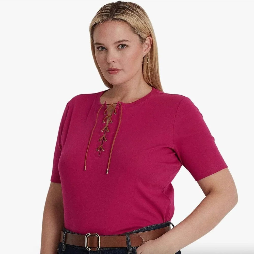 LAUREN Ralph Lauren Lace-Up Stretch Cotton Top Blouse Pink Sz Large NWT‎ Women's