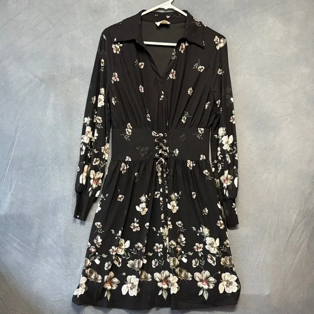 Ember Chic Floral Black Long Sleeve Dress Long Sleeve Sheer Gothy Witchy Midi