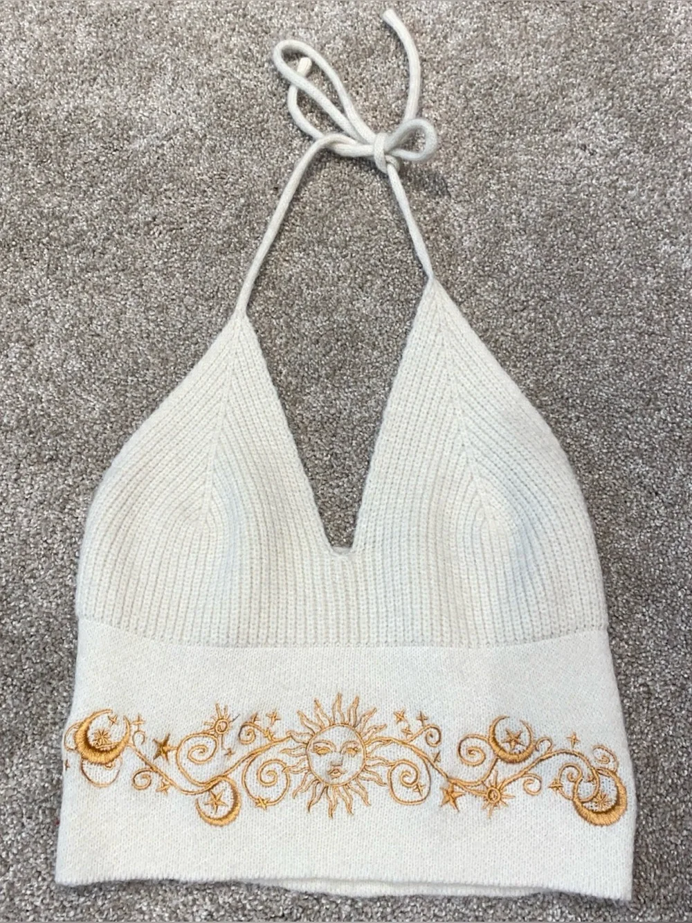 ROMWE Knit Embroidered Backless Halter Top Size S Cream Sun Moon Celestial‎