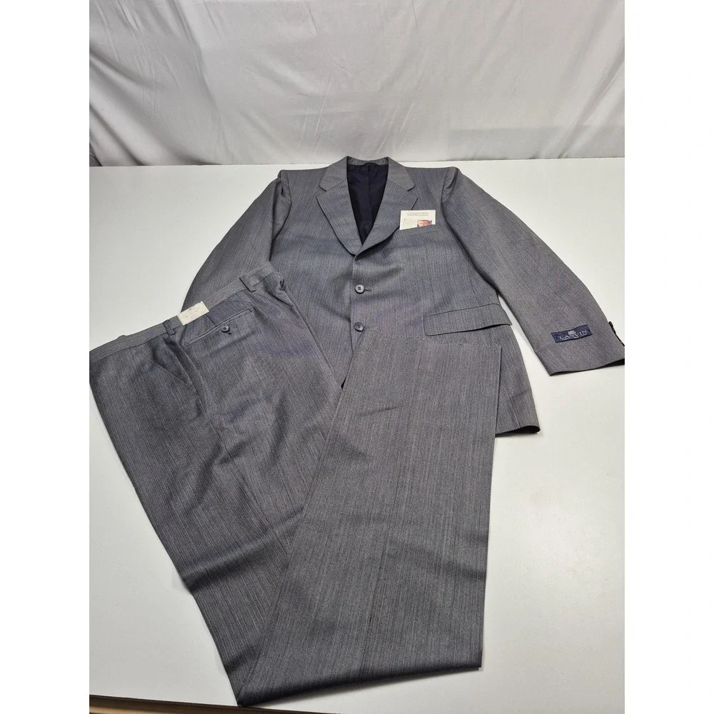 VTG Lanvin Paris Suit Mens 44 Long Gray Poly Wool Stripe 2 Piece 39x36 USA NWT