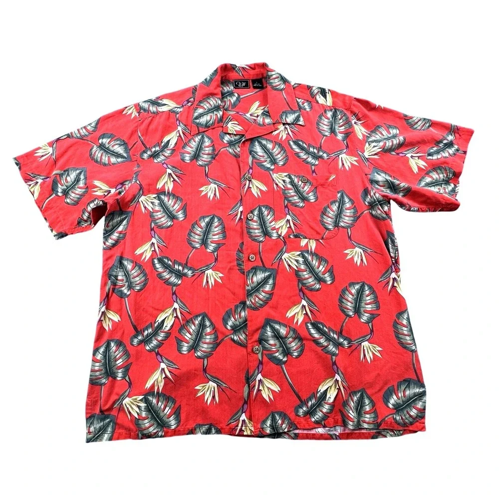WF 100%‎ Silk Hawaiian Camp Shirt Mens L Red Tropical Leaf Print Short Sleeve