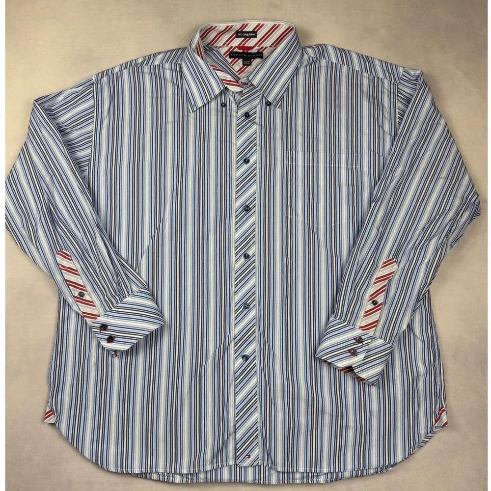 Tommy Hilfiger Mens XXL Blue White Striped 80s 2-Ply Cotton‎ Button Down Shirt