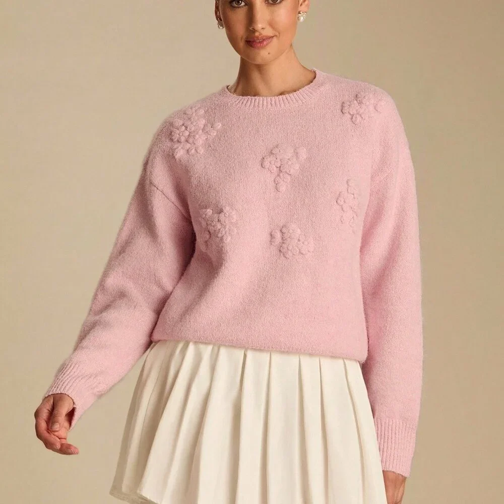 Pink Romantic Women's Pastel 3D Flowers Embroidered Long Sleeve Cute Sweater