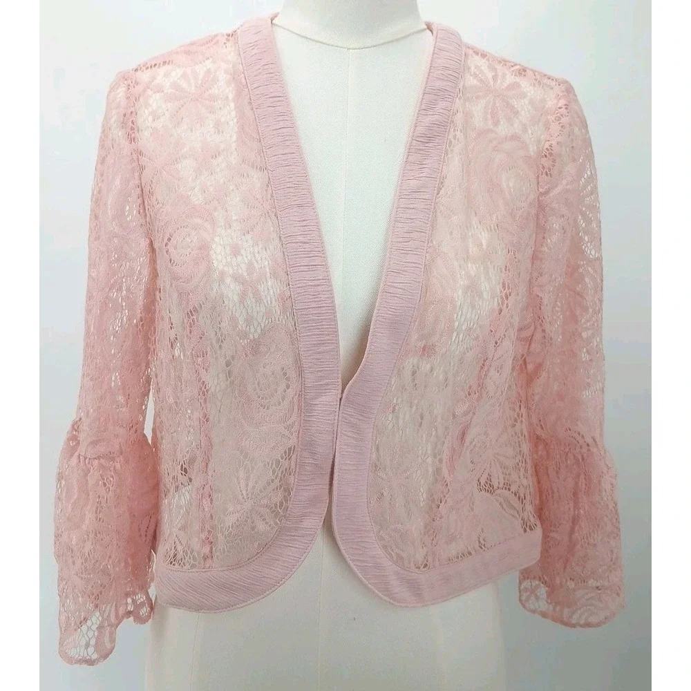 Pink Floral Rose Lace Ruffle Flared Sleeve Cardigan Tagless Size Med Valentines